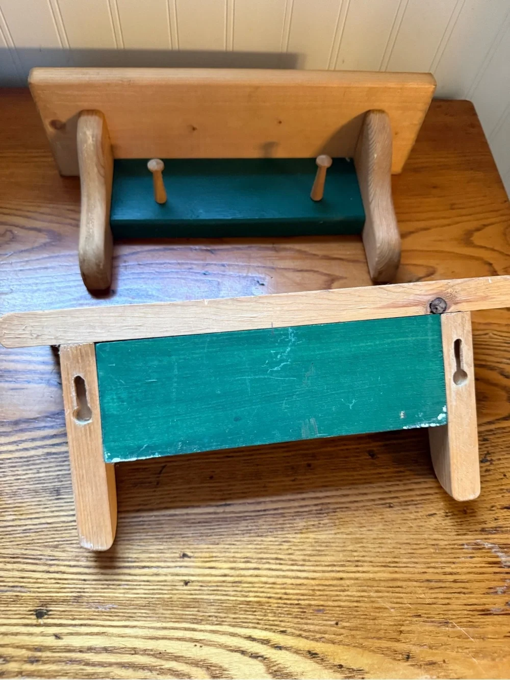 Wooden Green Wall Shelves Two Pegs